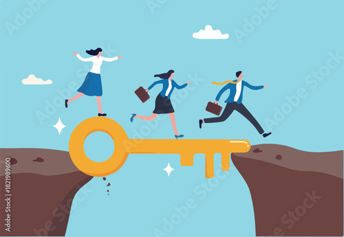 Key success, solution to solve problem and overcome obstacle, link or connect bridge to help achieve success, resolution method or resolve concept, business people walk on key success cross the gap.
