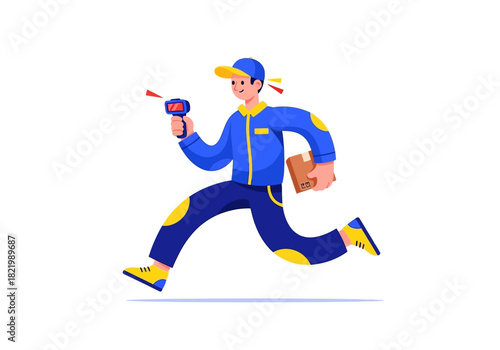 Express delivery service concept featuring a cartoon courier running with a package and a barcode scanner, representing fast shipping and logistics