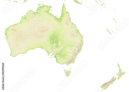 Photos Map of Australia and New Zealand showing the isolated landmasses with relief representation, rivers, lakes