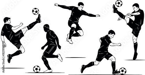 Soccer player kicking ball silhouettes vector illustration