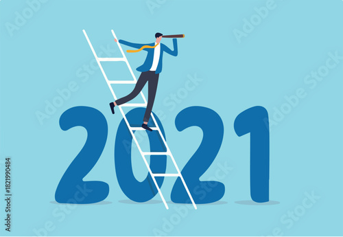 Year 2021 business outlook, vision to see the way forward, forecast, prediction and business success concept, businessman leader using telescope to see vision on top of ladder above year 2021 number.