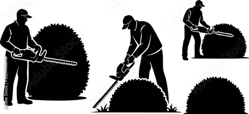 Gardener trimming bush with chainsaw silhouette vector illustration