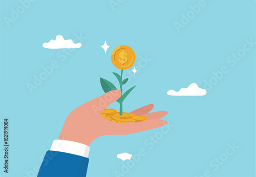 Investment growth, prosperity or earn more money from savings, mutual funds or opportunity to make profit and increase wealth, businessman investor hand holding money flower plant from pile of coins.