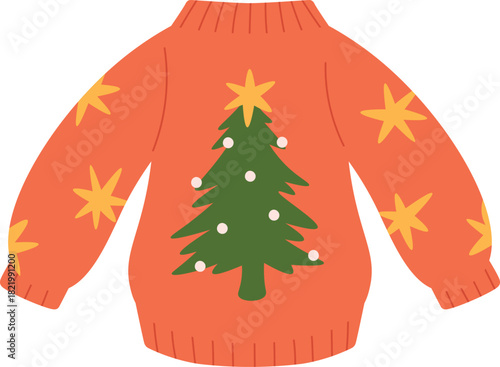 A cartoon Christmas sweater with a tree and stars on it