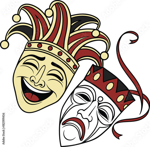 Emotional theater masks vector, A vibrant illustration depicting two classic theatrical masks, one a joyful jester with a wide smile and the other a somber tragedy mask.