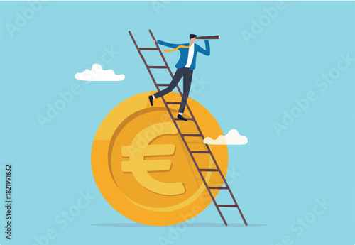 India economic or financial vision, investment and stock market forecast or business profit concept, smart businessman leader climb up ladder on Indian rupee money coin with telescope look for vision.