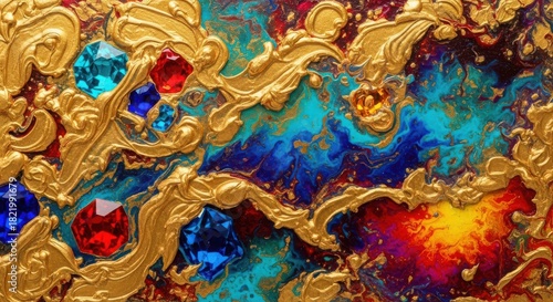 Wallpaper Mural Opulent Abstract Gold Swirls Embellished with Vibrant Gemstones jewel sapphire Torontodigital.ca