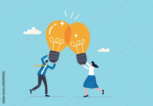 Combine idea, synergy or collaborate to get solution, brainstorm, teamwork or think together to develop great idea concept, businessman, businesswoman join or combine lightbulb idea for best result