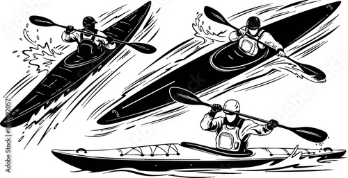 Kayakers paddling fast in racing kayaks vector illustration