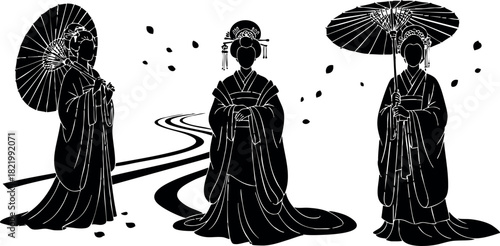 Silhouette of three geisha women with umbrellas and falling petals