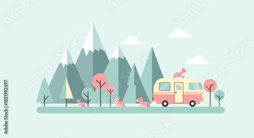 Illustration of a stylized mountain landscape with a retro camper van and fennec foxes