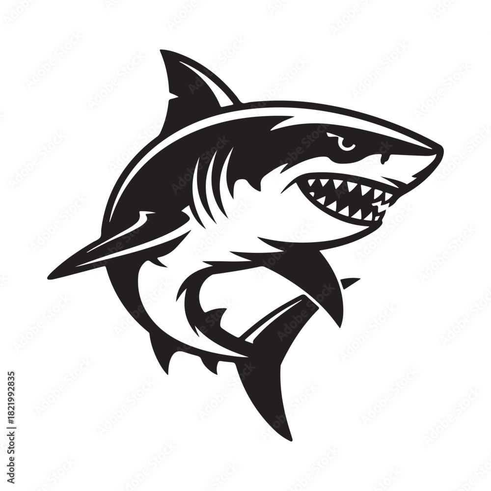 Obraz premium Black and white graphic illustration of a predatory shark with open mouth and sharp teeth
