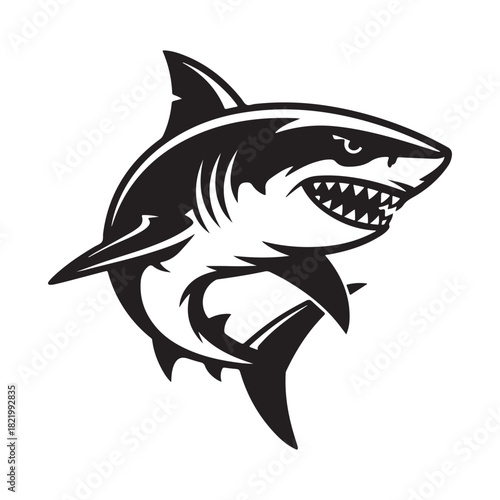 Black and white graphic illustration of a predatory shark with open mouth and sharp teeth
