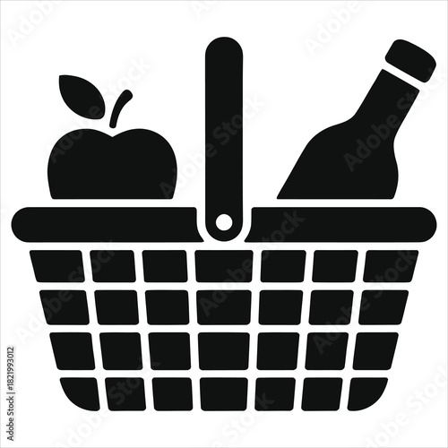 Picnic basket vector icon with food and wine. Simple black silhouette for a spring or summer outing. Flat design symbol for outdoor dining, park lunch, leisure, romance, and holiday celebration.