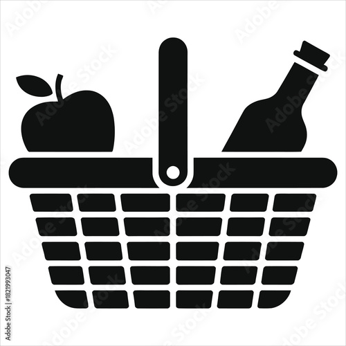 Spring picnic basket icon vector with food and drink, black silhouette of woven basket, apple and bottle, simple flat illustration for springtime picnic, outdoor lunch, family gathering, holiday 