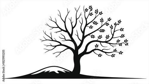 Spring Seasonal Transition Vector Illustration: Tree Evolving from Winter Barren Branches to Lush Spring Leaves on Snowy Hill - Symbolic Timeline of Nature's Renewal, Growth, and Change 
