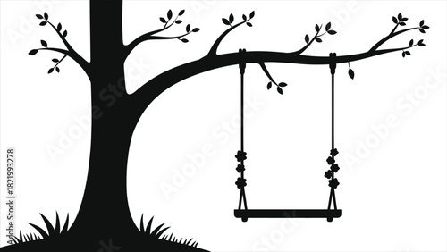 Minimalist Spring Blossom Tree Swing Silhouette Vector – Nostalgic Outdoor Garden Play Illustration, Black & White Seasonal Nature Art, Isolated White Background for Spring-Themed Designs, Greeting 