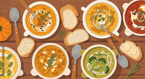 A Variety of Delicious and Healthy Soups Served with Bread