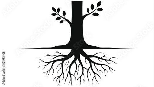 Spring Tree Roots and Sprouts Growth Concept Vector Silhouette. Below Ground Root System, Black Tree Trunk with New Leaves, New Life Rebirth Symbol, Minimal Botanical Illustration, Isolated White Back