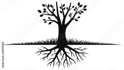 Spring growth vector illustration of a tree with deep roots and young sprouts above soil, botanical nature silhouette symbolizing renewal, life cycle, sustainability, ecology, fertile earth, gardening
