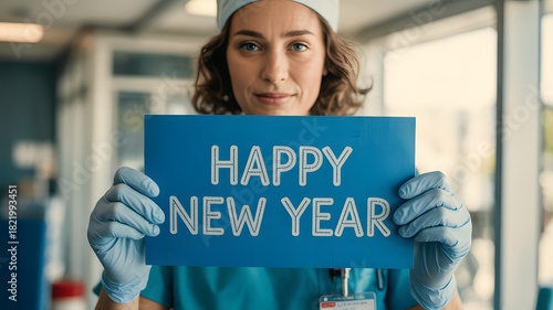 Wallpaper Mural Healthcare worker holding a happy new year sign in hospital hallway Torontodigital.ca