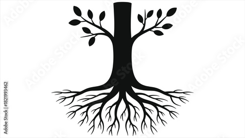Spring Growth Concept Vector: Tree with Deep Roots and Fresh Sprouts, Botanical Silhouette of Trunk, Leaves, and Branching Roots, Nature Renewal, Ecology, Sustainability, Isolated on White Background