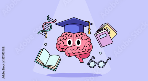 Illustration of brain wearing graduation cap surrounded by books, glasses, and DNA strand symbolizing education and knowledge acquisition