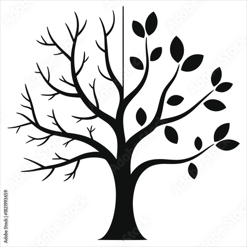 Seasons change tree vector – half bare winter branches half lush spring leaves, nature growth rebirth concept, black silhouette isolated on white background, seasonal transition illustration svg icons