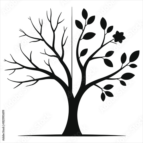 Winter to Spring Tree Vector: Seasonal Transition, Growth & Renewal. Bare Branches to Lush Green Leaves. Nature's Awakening Illustration for New Beginnings & Life Cycle Concept.