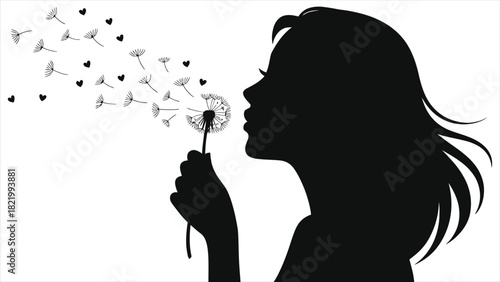 Woman Blowing Dandelion Seeds Silhouette Vector | Spring Season Art: Minimalist Black and White Illustration, Girl Making Wish with Heart Shapes, Windblown Fluff, Romantic Springtime Graphic for Greet