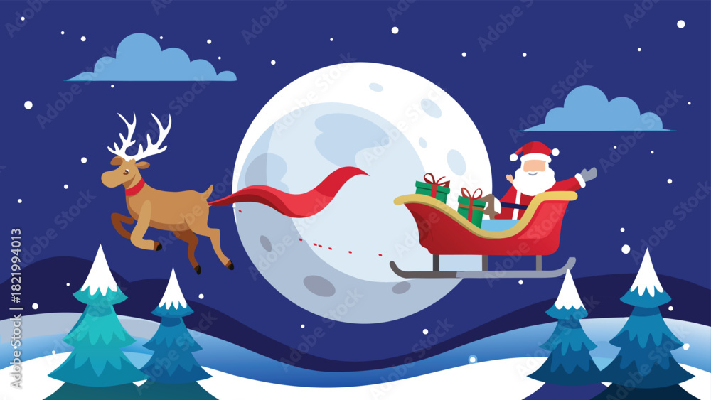 Naklejka premium Christmas scene featuring Santa flying through the night sky with a sleigh and reindeer against a starry background..eps