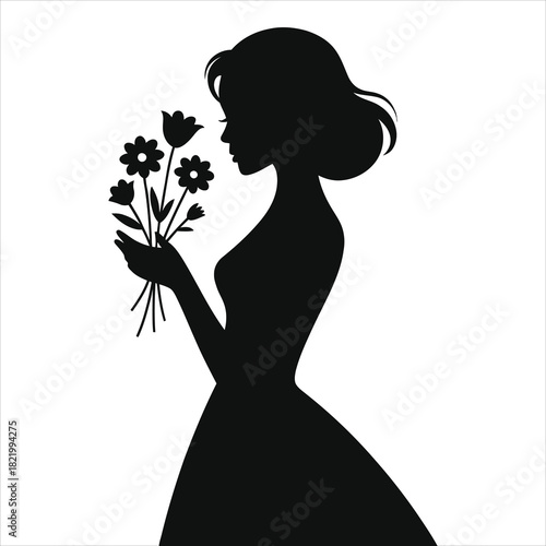 Spring woman silhouette holding bouquet of flowers vector illustration, romantic girl picking spring blossoms, floral feminine profile, minimalist black and white design for greeting cards and posters