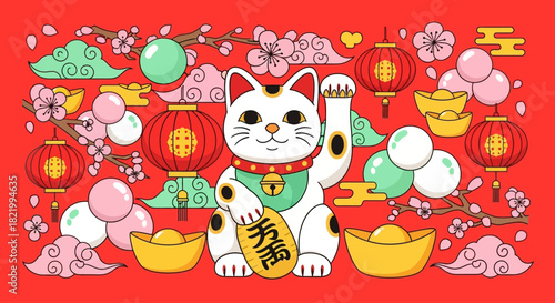 Lucky Cat Maneki Neko Illustration with Chinese New Year Decorations and Gold Ingots