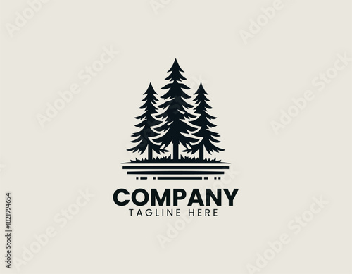Rugged timber pine trees forming bold natural forest silhouette in clean black vector logo