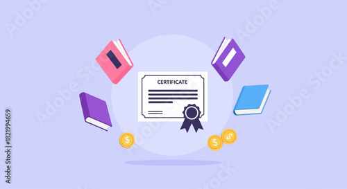 Certificate of Achievement with Books and Coins Symbolizing Education and Financial Growth