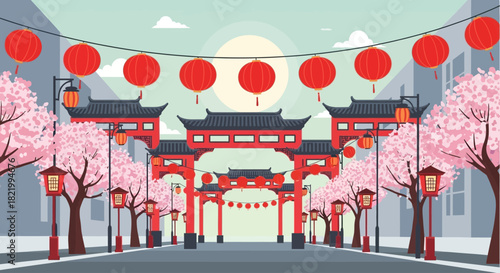 Vibrant Chinese New Year street scene with traditional gates, lanterns, and blooming cherry blossoms under a bright sun