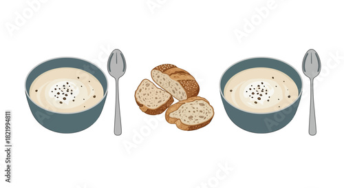 Two bowls of soup with bread slices and spoons, illustration