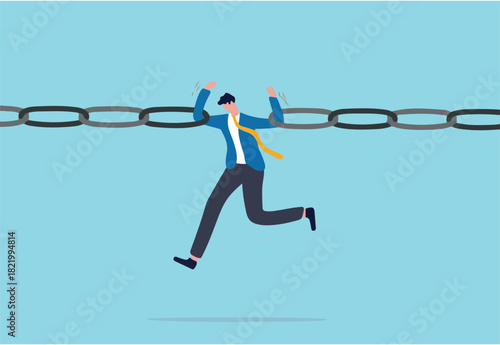Business risk, vulnerability, danger and weakness or conflict causing failure in business and investment concept, tried fatigue businessman trying to hold broken chain together with his low energy
