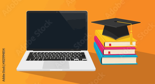 Online learning and education represented by a laptop and stack of books with graduation cap