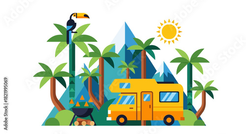 Tropical camping adventure with a toucan, palm trees, mountains, and a camper RV, perfect for vacation and outdoor exploration