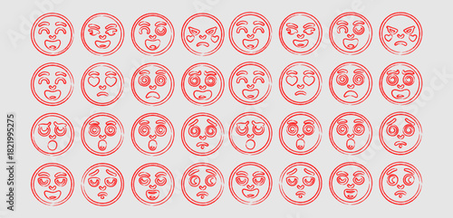 Collection of red emoji icons with various expressions isolated on white background