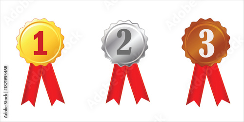 Premium Vector Set Gold, Silver, and Bronze Medals with Red Ribbons for 1st, 2nd, and 3rd Place Winners
