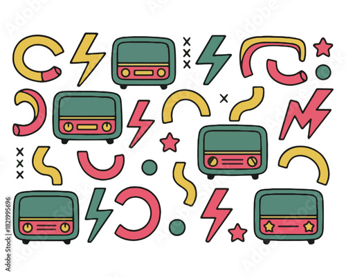 Vector set of transportation icons illustrating road, rail, and sea vehicles like car, truck, bus, train, and ship symbols for delivery and travel design