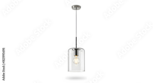 Elegant Lighting Fixture: A sleek, modern pendant light, featuring a transparent glass shade and a warm, inviting light. The design is simple, yet sophisticated.