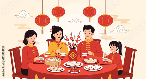 Chinese New Year family reunion dinner celebration with traditional red lanterns and festive food