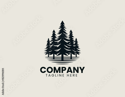 Rugged timber pine trees forming bold natural forest silhouette in clean black vector logo