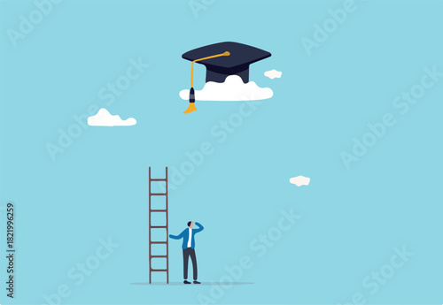 Education cost, expensive school or university cost, education gap or scholarship opportunity concept, poor man with too short ladder to climb to reach high graduated mortarboard on the cloud