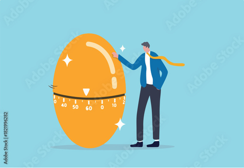 Retirement pension fund, IRA, 401K, Roth or ISA account in UK, investment for money to use after retirement concept, businessman standing with countdown timer golden egg move approaching retired age
