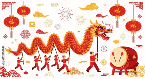 Vibrant Chinese New Year dragon parade celebration with lanterns, drums, and firecrackers