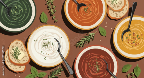 A vibrant and appetizing overhead view of several bowls of delicious homemade soup, each garnished with fresh herbs and accompanied by slices of crusty bread